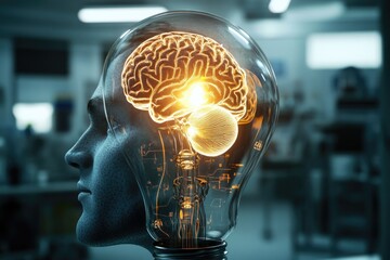 Wall Mural - a glowing brain inside a lightbulb symbolizes human intellect and innovative ideas, illuminating the