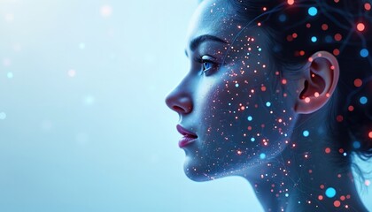 Fototapete - Illustration of woman with face recognition tech. Dots, neural network paths over face. Represents AI, biometric identification, digital privacy, high tech cyber security, authentication, facial