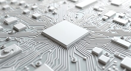 Leinwandbilder - White circuit board pattern. Gray color tone, flat composition, geometric lines, shapes. Tech background demonstrates engineering solutions, computer hardware. Use as wallpaper, backdrop for tech