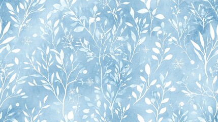 Wall Mural -  Blue-and-white wallpaper featuring leaves and snowflake patterns on its sidewall