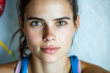 Young caucasian female with brown eyes and casual attire close-up portrait