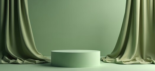 Aufkleber - Round podium with green satin wave curtain on matching backdrop. Empty pedestal cylinder showcase for natural cosmetics products presentation. Luxury minimalist geometric design. 3d rendering scene