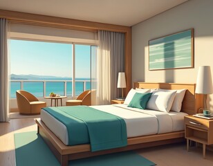 Wall Mural - Bright sunny hotel room interior with modern decor, bed and sea view balcony. Beach holiday vacation apartment with furniture, lamps. Resort real estate property with cozy design, nobody in room.