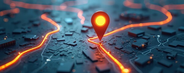 Aufkleber - Glowing location pin marks destination on futuristic city map. Navigation lines show direction, route. Urban planning, global positioning system tech. Road, street network, travel, innovation,