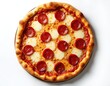 © miss irine - Studio photography of pizza with sausage on white background. Hot tasty italian pepperoni pizza with mozzarella cheese, ring of salami. Food delivery background. Top view of fast food meal. Italian