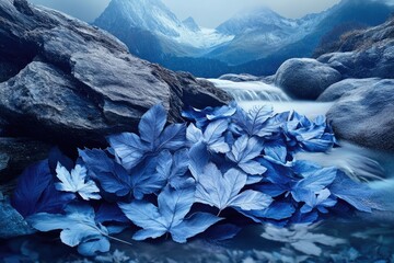 Canvas Print - Serene mountain stream with frost-covered blue leaves, tranquil nature scene.