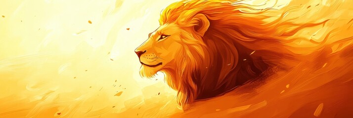 Poster - Majestic lion portrait with glowing golden mane in sunset light inviting inspiration. Generative AI