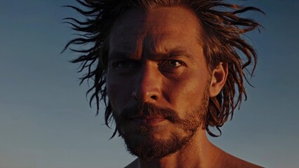 Close-up portrait of a serious man with messy hair and a beard, illuminated by the warm glow of the setting sun, creating a dramatic and intense atmosphere