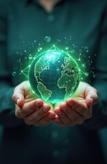 Poster - Person holds digital earth globe illuminated with connections. Represents tech, global communication, awareness, oneness. Earth in hands shows abstract network, datum, symbol, progress, resource,