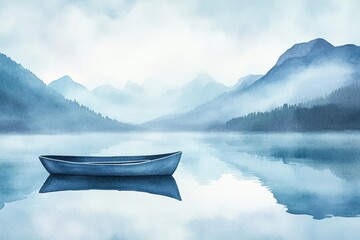 Poster - Serene watercolor artwork depicting a solitary rowboat on a peaceful mountain lake with an endless sky. Generative AI