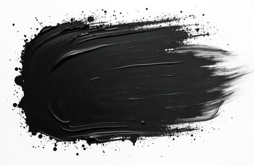 Poster - Illustration of single textured black brush stroke with splatters on white backdrop. Dark paint smudge for modern artwork, grunge design and calligraphy projects. Artistic background.