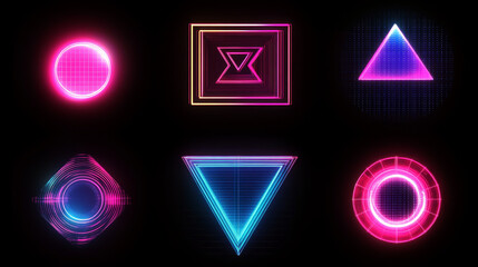 Screen glitch effect on geometric figures. Distorted circle, square or rhombus with screen pixels digital noise. Cyberpunk, 80s retro vector design elements with neon halo or aureola light
