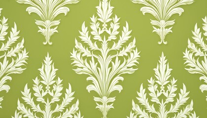 Poster - Seamless wallpaper design featuring ornate floral elements in pastel green, white. Vintage damask style repeating pattern background for elegant interior decor. Classic retro ornament with antique