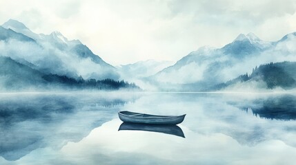 Poster - Serene watercolor illustration of a single rowboat on a calm mountain lake with a blank sky for text. Generative AI