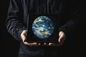 Sticker - A 3D clear globe with lines and dots on its surface, held in a hand above a tablet computer, representing the concept of global network connection technology.