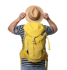 Sticker - Traveller with backpack on white background, back view