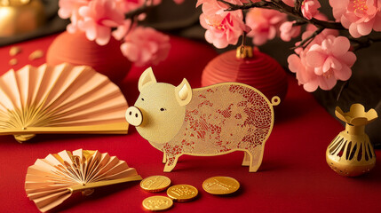 Wall Mural - Chinese New Year golden pig and china ornament papercut design. Vector traditional Chinese new year decorations of sakura cherry blossom flowers, fans and lanterns or gold coins