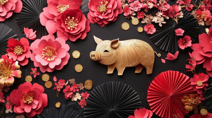 Wall Mural - Chinese New Year golden pig and china ornament papercut design. Vector traditional Chinese new year decorations of sakura cherry blossom flowers, fans and lanterns or gold coins