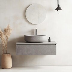 Wall Mural - Floating vanity with a smooth slate-gray texture, evoking an industrial feel