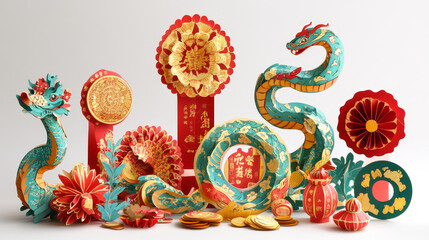 Wall Mural - Paper cut Asian horoscope Chinese New Year snake reptiles for holiday, vector banners. 2025 Happy Chinese New Year greeting cards with paper cut snakes, hieroglyphs, golden coins and lanterns ornament