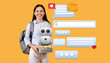 © Prostock-studio - Woman student smiles while holding notebooks, representing the integration of AI in virtual assistance. Colorful chat bubbles and icons emphasize the role of technology in everyday interactions.
