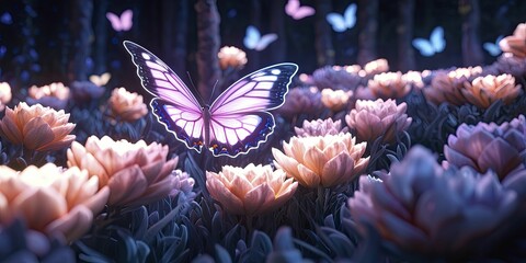 Sticker - Colorful neon butterflies dance among luminous flowers, embodying a dreamlike garden alive with radiant hues and electric vitality.