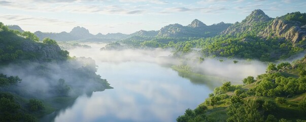 Sticker - Early morning light filters through mist, creating gentle ripples on mountain lake, encircled by verdant foliage and rugged cliffs for tranquil scenes.