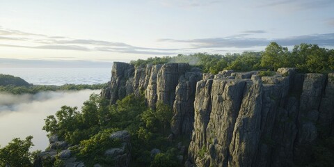 Sticker - Serene cliffside scene at dawn, mist rising from the ocean, gentle light revealing striking rock formations and vibrant foliage.