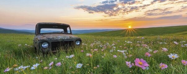 Sticker - Sunset paints endless meadows with a magical glow, where shadows swirl among vibrant blooms, stirring feelings of joy and tranquility.