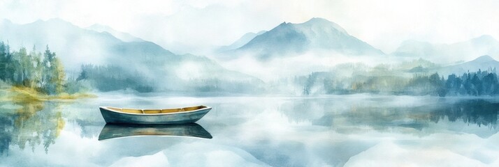Poster - Serene watercolor illustration of a rowboat on a calm mountain lake with a blank sky for text overlay. Generative AI