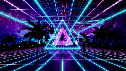 Wall Mural - Glowing neon triangles and vibrant grids fill a retro futuristic landscape, featuring silhouetted palm trees against a colorful sky reminiscent of the 80s synthwave aesthetic