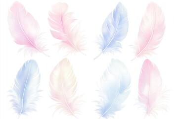 Wall Mural - Colored feathers set in a hand-drawn watercolor illustration, with a white isolated background