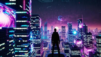 Wall Mural - Hacker wearing hoodie standing on rooftop looking glowing futuristic cyberpunk city skyline at night with digital glitch and data stream, concept art