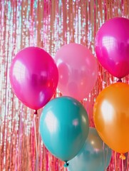 Poster - Festive party backdrop with colorful balloons and shimmering tinsel for a vibrant celebration setup. Generative AI