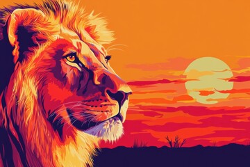Aufkleber - Vibrant pop art lion portrait against a bold savanna sunset with ample space for text content. Generative AI