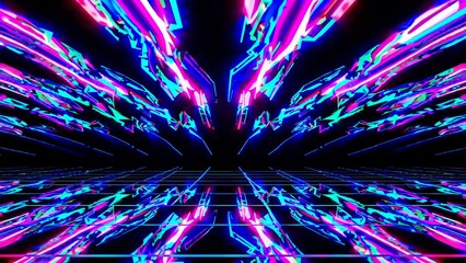 Wall Mural - reflecting vibrant pink, blue, and turquoise neon lights on a grid floor, creating a retro futuristi
