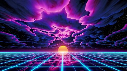 Wall Mural - Creating a vibrant synthwave sunset over a digital grid landscape, featuring pink and purple clouds scattered with stars, evokes a captivating retro-futuristic atmosphere