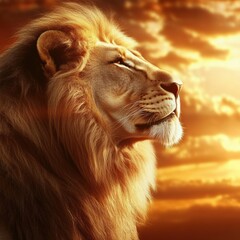 Poster - Regal lion portrait with golden mane glowing in sunset light, space for text to highlight majestic beauty. Generative AI