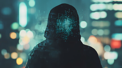 Digital ghost in an urban jungle a silhouette of a hooded figure with glitching code in front of blurred cityscape. Glitching Reality. Illustration