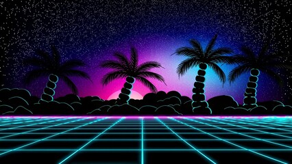 Wall Mural - Glowing neon grid and silhouettes of palm trees create a mesmerizing retro futuristic landscape under a vibrant, starry night sky, evoking the nostalgic aesthetic of the synthwave and retrowave era