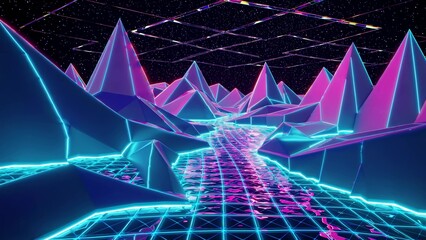 Wall Mural - Glowing neon lights illuminate a retro futuristic landscape featuring polygonal pyramids, a flowing river, and a starry sky, creating a vibrant and otherworldly scene reminiscent of the 1980s