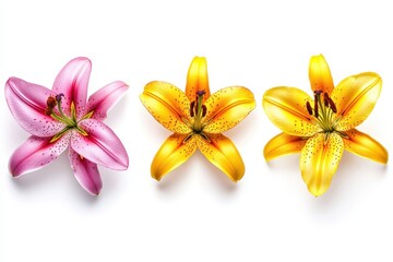 Wall Mural - Isolated group of yellow pink and orange lilies on a white background