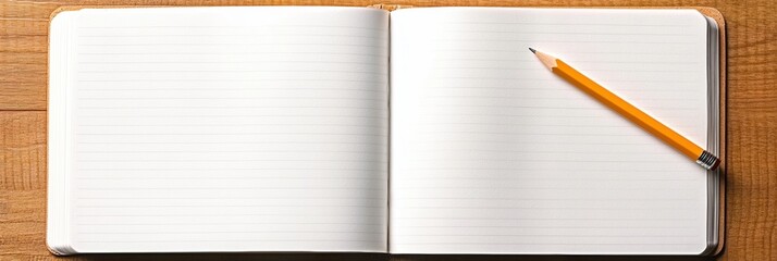 Poster - Open notebook and pencil on a bright wooden desk providing a spacious background for creative writing. Generative AI