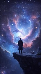 standing sky milky seamless midnight watching night seascape overlay science silhouette 4k recreation lactic way virtual background panorama animation aspiration man video looping relaxation cosmic