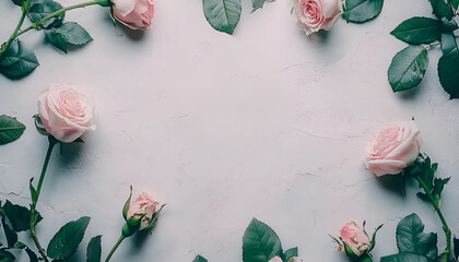 Wall Mural - Elegant pink roses and green leaves on textured white background