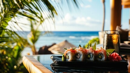  Delicious Hawaiian poke roll with ocean view in tropical paradise dining setting