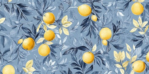 Wall Mural - A dynamic flat illustration of lemons and oranges, interspersed with tropical leaves, forming a lively summer pattern. The soft blue background complements the bright hues of the image.