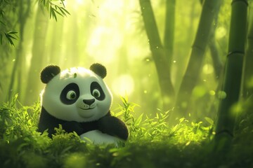 Poster - Panda relaxes peacefully in a serene bamboo forest with sunlight filtering through the lush greenery. Generative AI