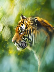 Aufkleber - Vibrant impressionist portrait of a tiger surrounded by jungle foliage with ample space for additional text. Generative AI
