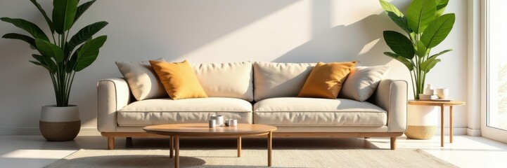 Wall Mural - Sleek sofa, low table, minimal decor, bright sunlight , furniture, room, apartment